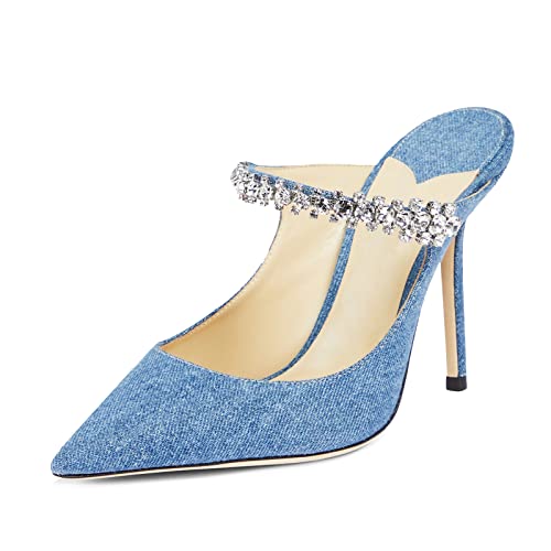 MIRAAZZURRA Damen Pantoletten mit Absatz, Strass, Riemen, spitze Zehenpartie, Stiletto, High Heels, Schlupfsandalen für Damen, Jeansblau, 10 cm, 37.5 EU von MIRAAZZURRA