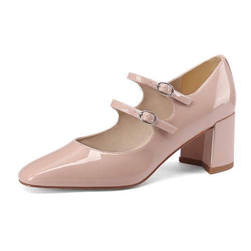 MIRAAZZURRA Damen Pumps Blockabsatz Mary Jane Pump Schuhe Elegant Knöchelriemchen Heel Runde Zehe Lackschuhe mit Schnalle Nackt 40 von MIRAAZZURRA