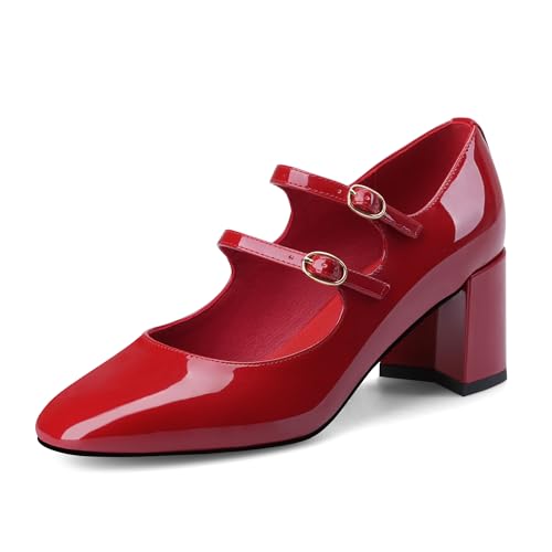 MIRAAZZURRA Damen Pumps Blockabsatz Mary Jane Pump Schuhe Elegant Knöchelriemchen Heel Runde Zehe Lackschuhe mit Schnalle Rot 37 von MIRAAZZURRA