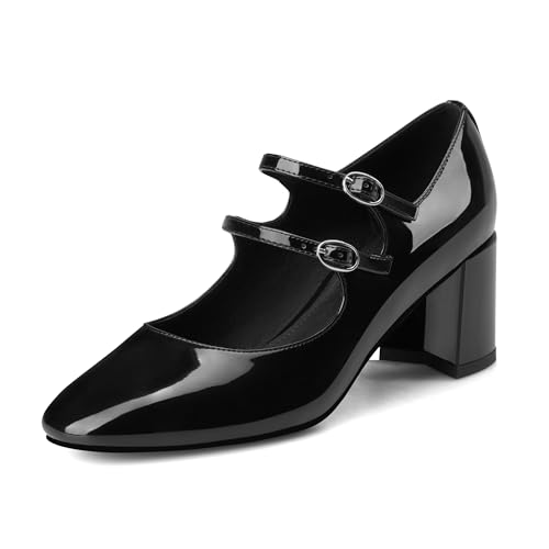 MIRAAZZURRA Damen Pumps Blockabsatz Mary Jane Pump Schuhe Elegant Knöchelriemchen Heel Runde Zehe Lackschuhe mit Schnalle Schwarz 40 von MIRAAZZURRA