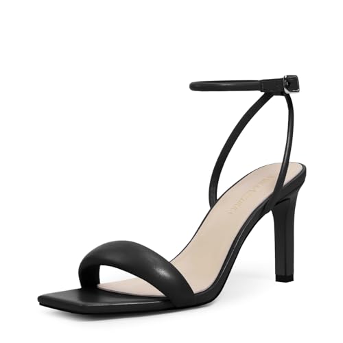 MIRAAZZURRA Damen Sandalen Riemchen High Heel Quadratische Offene Zehe Slingback Heel Sandalen with Ankle Strap für Kleider Party Schuhe Schwarz 38 von MIRAAZZURRA