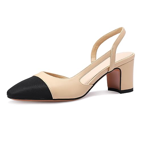 MIRAAZZURRA Damen Slingback Pumps geschlossene runde Zehe Blockabsatz zweifarbige lässige klobige Absätze Büroschuhe Nude EU38 von MIRAAZZURRA