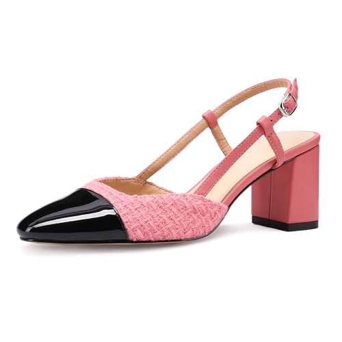 MIRAAZZURRA Damen Slingback Pumps geschlossene runde Zehe Blockabsatz zweifarbige lässige klobige Absätze Büroschuhe Rosa Tweed EU40 von MIRAAZZURRA