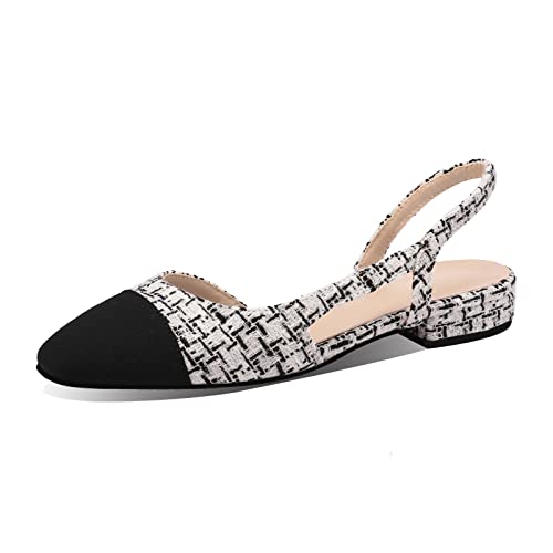 MIRAAZZURRA Damen Slingback Flach Pumps geschlossene runde Zehe Sandalens zweifarbige lässige Büroschuhe Schwarz Weißer Tweed EU39 von MIRAAZZURRA