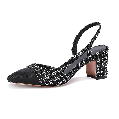 MIRAAZZURRA Damen Slingback Pumps geschlossene runde Zehe Blockabsatz zweifarbige lässige klobige Absätze Büroschuhe Schwarzer Tweed EU37 von MIRAAZZURRA