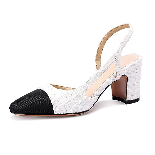 MIRAAZZURRA Damen Slingback Pumps geschlossene runde Zehe Blockabsatz zweifarbige lässige klobige Absätze Büroschuhe Weißer Tweed EU36 von MIRAAZZURRA