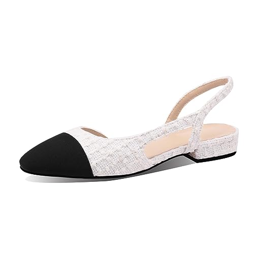 MIRAAZZURRA Damen Slingback Flach Pumps geschlossene runde Zehe Sandalens zweifarbige lässige Büroschuhe Weißer Tweed EU37 von MIRAAZZURRA