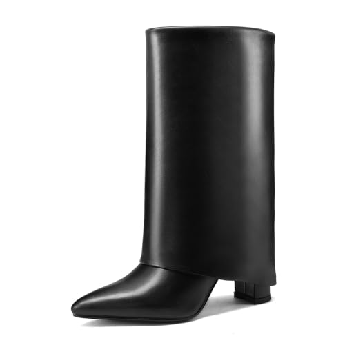 MIRAAZZURRA Halbhohe Stiefel Damen Spitze Zehen Klobig Absatz Stiefel 8,5cm High Heel Boots Fold Over Slouch Boots für Freizeit Arbeit Leder Schwarz 37EU von MIRAAZZURRA