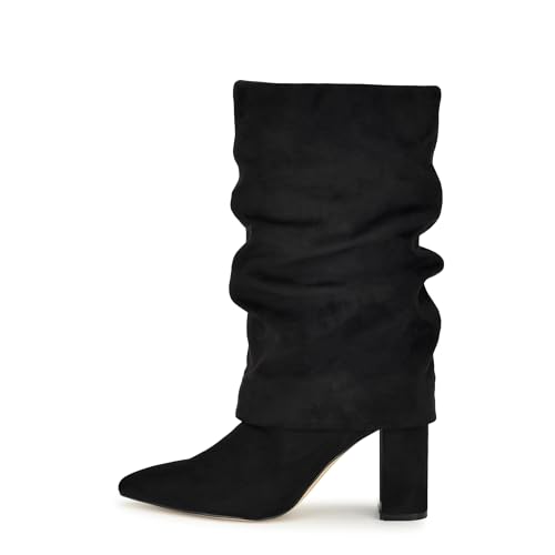 MIRAAZZURRA Halbhohe Stiefel Damen Spitze Zehen Klobig Absatz Stiefel 8,5cm High Heel Boots Fold Over Slouch Boots für Freizeit Arbeit Schwarz 40EU von MIRAAZZURRA