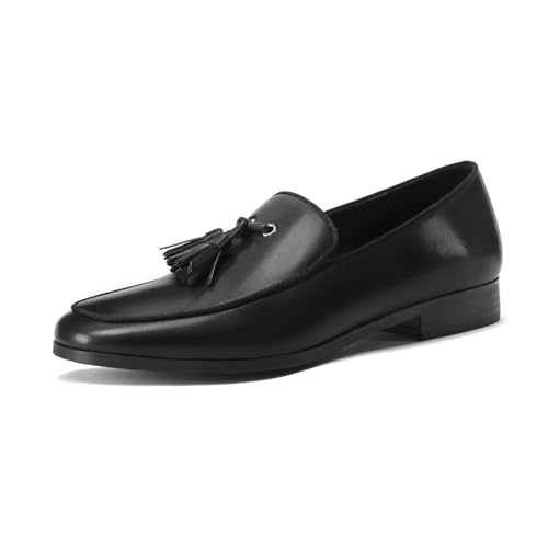 MIRAAZZURRA Loafer Damen Schwarz Blockabsatz Loafers mit Tassel Quadratische Zehe Slip On Leder Loafer für Business Freizeit Schwarz 39 von MIRAAZZURRA