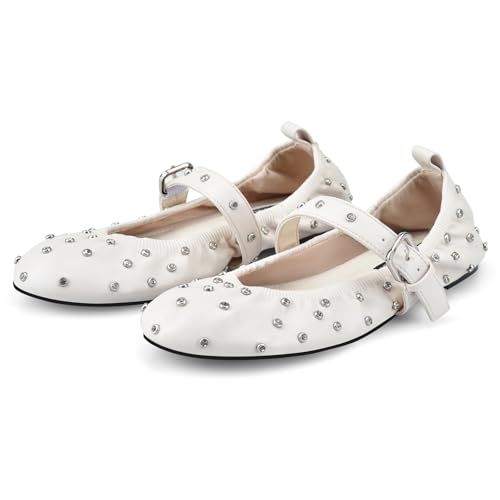 MIRAAZZURRA Mary Jane Flach Weiß Damen Ballerinas Rounde Zehen Schnalle Riemen Weiche Schuhe mit Strass für Freizeit Arbeit Weiß 35 von MIRAAZZURRA