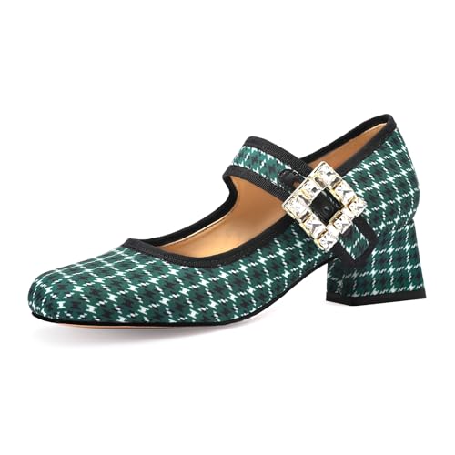 MIRAAZZURRA Mary Janes Damen-Pumps mit quadratischem Zehenbereich, breiter Absatz, Riemen mit Strass-Schnalle, modische Anzugschuhe, Grün , 38.5 EU von MIRAAZZURRA