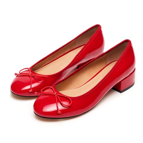 MIRAAZZURRA Pumps Damen Blockabsatz Runde Zehe Ballerinas Women's Ballet Pumps with Bow Round Toe Block Heeled Pump Low Heel Slip On Shoes für Freizeit Fashion Casual Business Arbeit Rot 36EU von MIRAAZZURRA