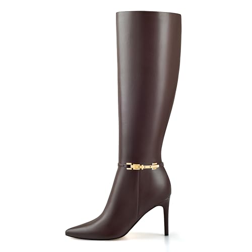 MIRAAZZURRA Stiefel Damen Stiletto Absatz Lange Stiefel Spitze Zehe High Heel Stiefel Frauen kniehoch Hohe Stiefel PU Lederstiefel für Büro Dating Reisen Braun 36EU von MIRAAZZURRA