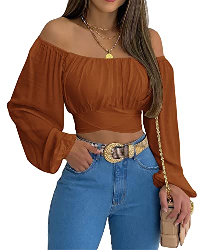 MIRACMODA Damen Schulterfreies Oberteil mit Raffung am Rücken, Sommer-Laternenärmel, Boho-Hemd, Bluse, Braun, Groß von MIRACMODA