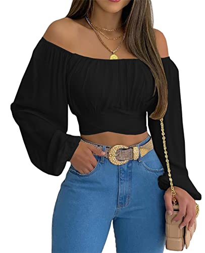 MIRACMODA Damen Schulterfreies Oberteil mit Raffung am Rücken, Sommer-Laternenärmel, Boho-Hemd, Bluse, Schwarz, XX-Large MIRACMODA Damen Schulterfreies Oberteil mit Raffung am Rücken, Sommer-Laternenärmel, Boho-Hemd, Bluse, Schwarz, XX-Large von MIRACMODA