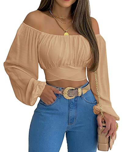 MIRACMODA Damen Schulterfreies Oberteil mit Raffung am Rücken, Sommer-Laternenärmel, Boho-Hemd, Bluse, aprikose, Groß MIRACMODA Damen Schulterfreies Oberteil mit Raffung am Rücken, Sommer-Laternenärmel, Boho-Hemd, Bluse, aprikose, Groß von MIRACMODA