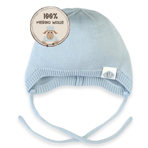 MIRARI Kids Warme Babymütze gestrickt aus 100% Merinowolle I Unisex Strickmütze mit Ohrenklappen und Bindebändern I weiche Baby Wollmütze ohne Futter (Blau, 6M (40-44)) von MIRARI Kids
