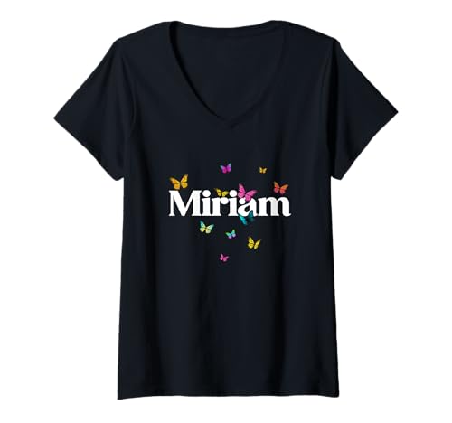 Damen Miriam - Schöner Mädchen Name mit bunten Schmetterlingen T-Shirt mit V-Ausschnitt von MIRIAM Tochter Enkel Geburtstag Geschenkideen