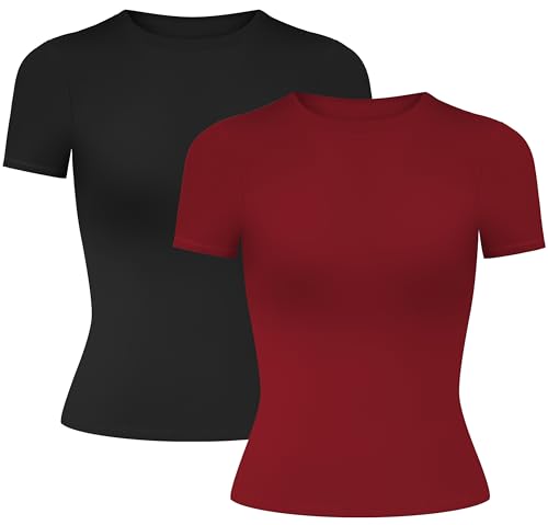 MIRITY Damen Y2K Basic Kurzarm T-Shirts 2er Pack – Slim Fit Sommer Scoop Neck Crop Tops von MIRITY