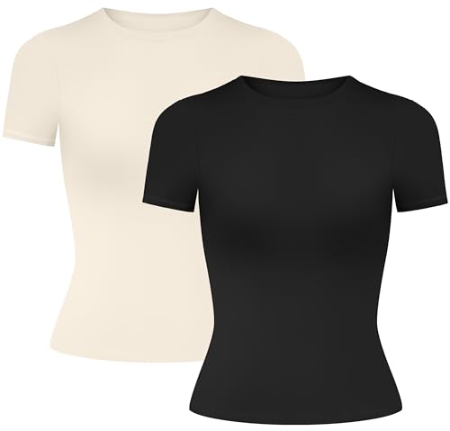 MIRITY Damen Y2K Basic Kurzarm T-Shirts 2er Pack – Slim Fit Sommer Scoop Neck Crop Tops von MIRITY
