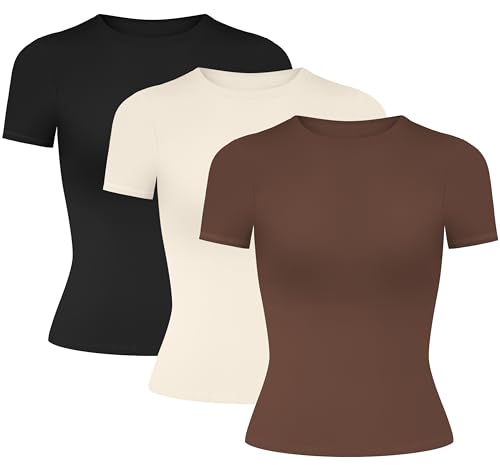 MIRITY Damen Y2K Basic Kurzarm T-Shirts 3er Pack – Slim Fit Sommer Scoop Neck Crop Tops von MIRITY