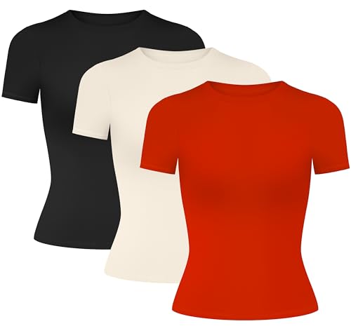 MIRITY Damen Y2K Basic Kurzarm T-Shirts 3er Pack – Slim Fit Sommer Scoop Neck Crop Tops von MIRITY