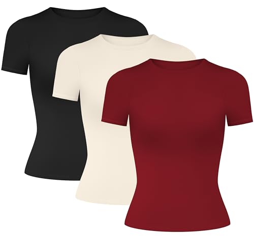 MIRITY Damen Y2K Basic Kurzarm T-Shirts 3er Pack – Slim Fit Sommer Scoop Neck Crop Tops von MIRITY