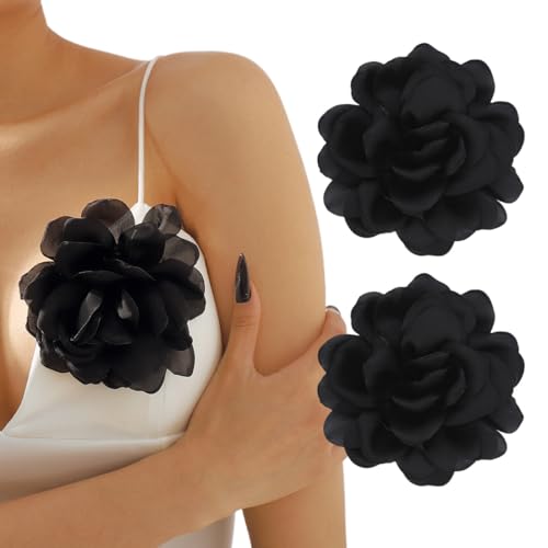 MIRKUZI Broschen & Anstecknadeln für Damen 2 Stück große Rosenbroschen, Stoffblumenbroschen, einfarbige Broschen, geeignet für Damen-Abschlussball-Hochzeits-Outfit-Accessoires (schwarz) von MIRKUZI