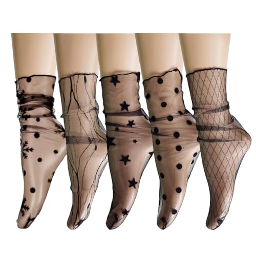MIRKUZI Damen-Kniestrümpfe,5 Paar dünne Damen Spitzenstrümpfe, schwarze Netzstrümpfe, für Frauen und Mädchen, schwarz, mittlere Größe von MIRKUZI