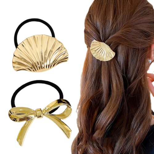 MIRKUZI Haargummis 2 Stück goldene Haarbänder, Damen Haarschmuck goldenes Gummiband mit goldener Platte, goldenes Metallhaarband, Pferdeschwanz goldene Haarspange von MIRKUZI
