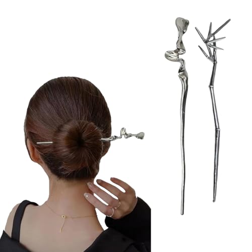 MIRKUZI Haarklammern,2 Stück Haarstab Metall Haarstäbchen Retro Hair Sticks Damen Haar Stäbchen für Dekoratives Haar Feste Frisur Haarstäbchen (Silber) von MIRKUZI