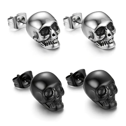 MIRKUZI Ohrringe für Herren 2 Paar Halloween Karneval Totenkopf Ohrstecker Herren Ohrringe Totenkopf Ohrringe Edelstahl Hip Hop Punk Jazz Ohrringe Punk Edelstahl Ohrringe Totenkopf Ohrringe Rock von MIRKUZI