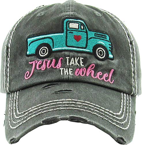 MIRMARU Damen Baseball Cap Distressed Vintage Unconstructed Washed Cotton Embroidered Adjustable Hat, Jesus Take the Wheel - Schwarz, Einheitsgröße von MIRMARU