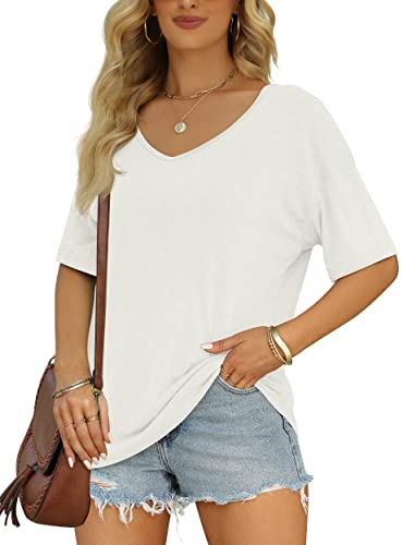 MIROL Damen Halbarm T-Shirts Mode V Ausschnitt Oversized Lose Tops Solid Casual Basic Blusen, Newwhite, X-Groß von MIROL