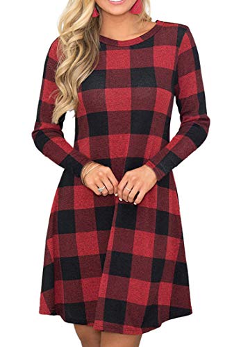 MIROL Damen Lange hülsen-Plaid-Farben-Block-Diamant-beiläufige schwingen Loose fit Tunika Kleid Taschen Large Rot von MIROL