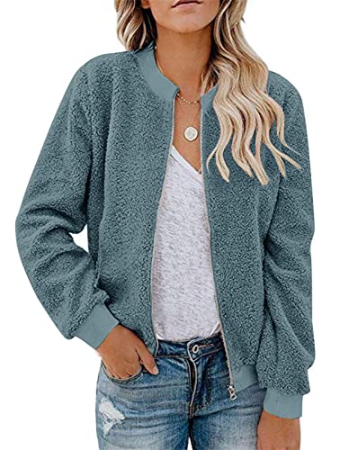 MIROL Damen Sherpa Fleece Jacke Faux Fuzzy Langarm Casual Zip Up Bomber Mantel, hellblau, Small von MIROL
