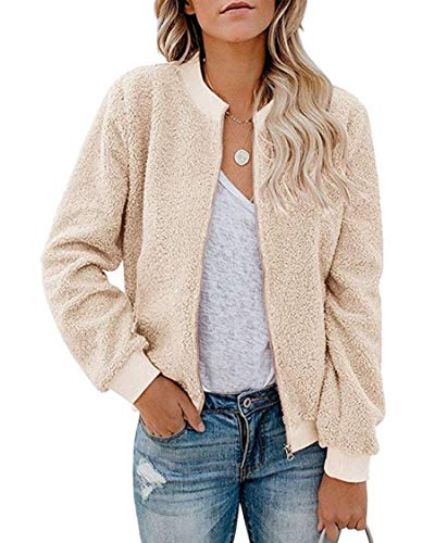 MIROL Damen Sherpa Fleece Jacke Faux Fuzzy Langarm Casual Zip Up Bombermantel, beige, Large von MIROL