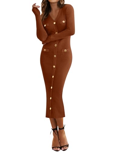 MIROL Damen V-Ausschnitt Bodycon Pullover Kleid 2025 Herbst Langarm Button Down Knit Maxikleid Elegant Lange Kleider, Rost, X-Groß von MIROL