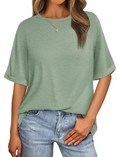 MIROMIHO Damen-T-Shirts, übergroße T-Shirts, kurzärmelig, Rundhalsausschnitt, Sommer-Tops, lässig, locker, Basic-T-Shirt, 2024, trendige Kleidung, Grau / Grün, Mittel von MIROMIHO