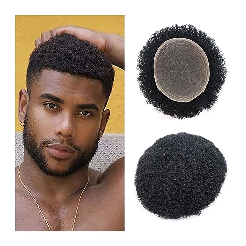 Männer Perücke Afro Verworrene Lockige Herren Toupet 8"x10" Full French Lace Basis Haarteil Natürliche Haaransatz Menschliches Haar Ersatz Einheiten #1B 4mm Lockiges Haar System Toupet Herren Perücken von MIROOOO
