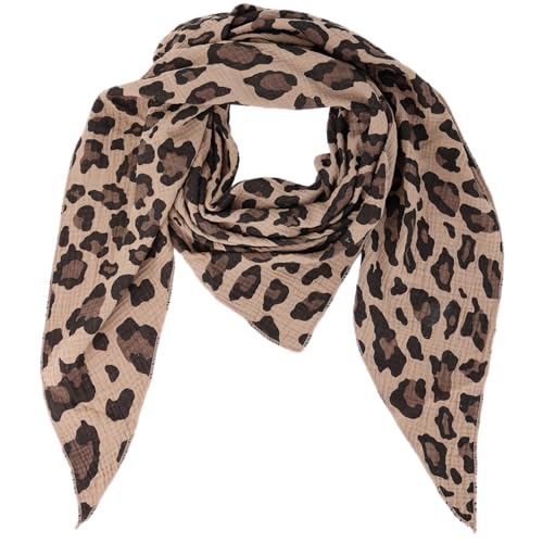 Damen Musselin Halstuch Made in Italy mit Leo Love Happy– Leichtes Dreieckstuch für Frühling & Sommer, Baumwolle, ca.195x85 cm (Camo Leo Camel) von MIRROSI