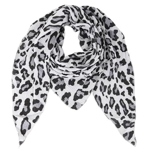 Damen Musselin Halstuch Made in Italy mit Leo Love Happy– Leichtes Dreieckstuch für Frühling & Sommer, Baumwolle, ca.195x85 cm (Camo Leo Hellgrau) von MIRROSI