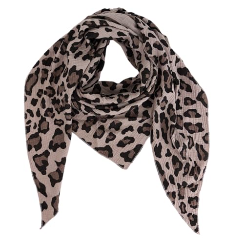 Damen Musselin Halstuch Made in Italy mit Leo Love Happy– Leichtes Dreieckstuch für Frühling & Sommer, Baumwolle, ca.195x85 cm (Camo Leo Schlamm) von MIRROSI