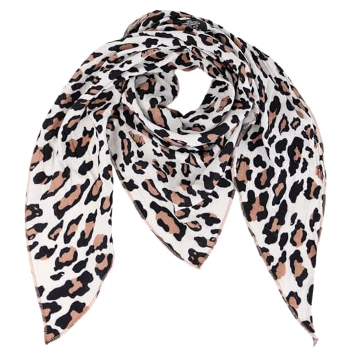 Damen Musselin Halstuch Made in Italy mit Leo Love Happy– Leichtes Dreieckstuch für Frühling & Sommer, Baumwolle, ca.195x85 cm (Camo Leo Schwarz) von MIRROSI