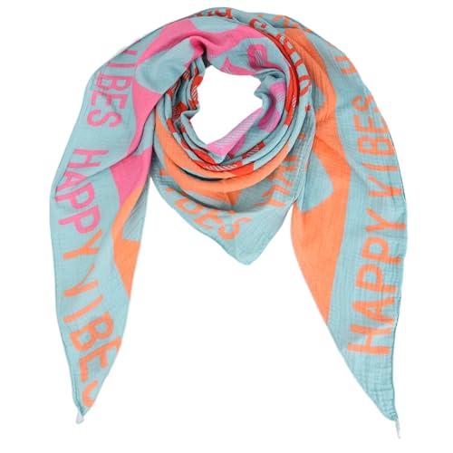 Damen Musselin Halstuch Made in Italy mit Leo Love Happy– Leichtes Dreieckstuch für Frühling & Sommer, Baumwolle, ca.195x85 cm (Happy Hellblau) von MIRROSI