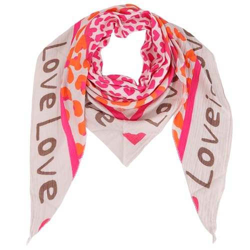 Damen Musselin Halstuch Made in Italy mit Leo Love Happy– Leichtes Dreieckstuch für Frühling & Sommer, Baumwolle, ca.195x85 cm (Love Beige Orange Pink) von MIRROSI