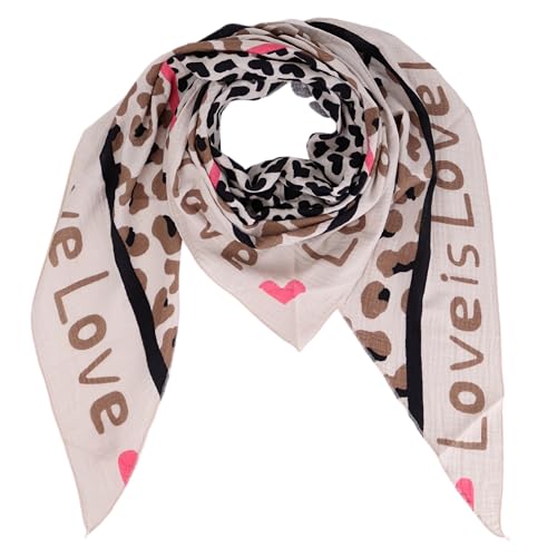 Damen Musselin Halstuch Made in Italy mit Leo Love Happy– Leichtes Dreieckstuch für Frühling & Sommer, Baumwolle, ca.195x85 cm (Love Beige Schwarz) von MIRROSI