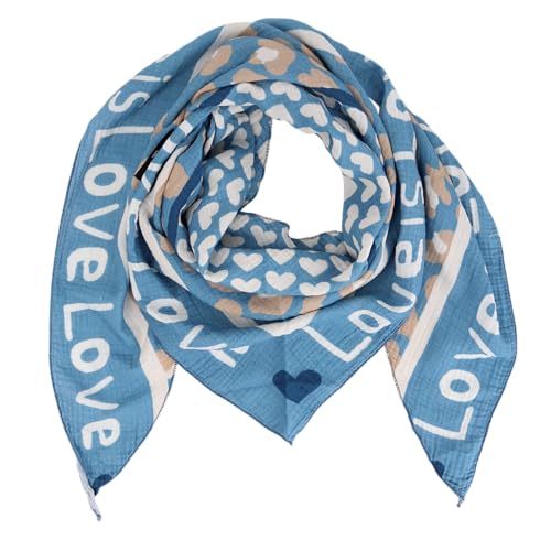 Damen Musselin Halstuch Made in Italy mit Leo Love Happy– Leichtes Dreieckstuch für Frühling & Sommer, Baumwolle, ca.195x85 cm (Love Jeansblau) von MIRROSI