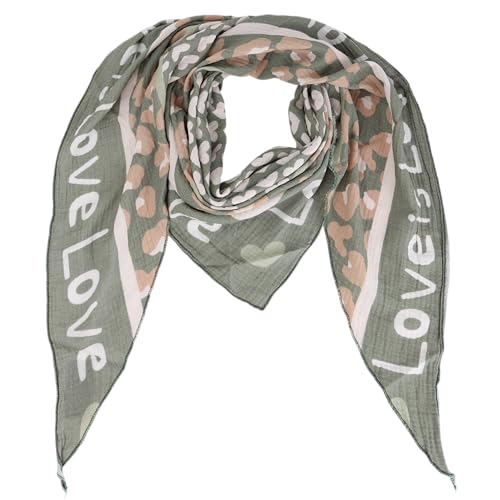 Damen Musselin Halstuch Made in Italy mit Leo Love Happy– Leichtes Dreieckstuch für Frühling & Sommer, Baumwolle, ca.195x85 cm (Love Khakigrün) von MIRROSI